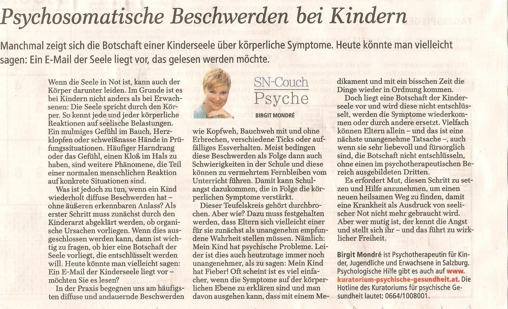 Zeitungsartikel: Psychosomatische Beschwerden bei Kindern